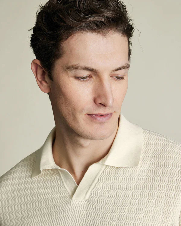 Cream Zig Zag Short Sleeve Knitted Cotton Trophy Neck Velron