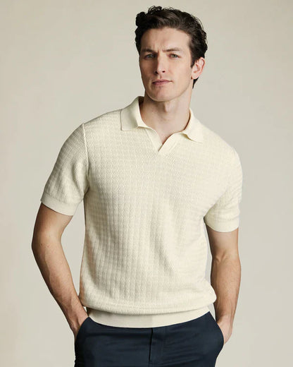 Cream Zig Zag Short Sleeve Knitted Cotton Trophy Neck Velron
